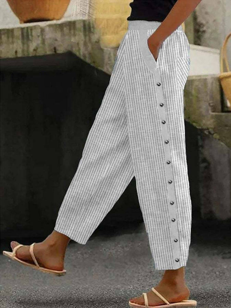 Women's striped cotton pants, light blue and white, vertical button detail, ankle length