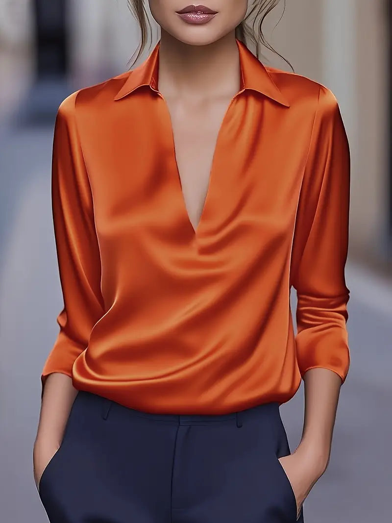 Orange satin V-neck blouse with pointed collar, 3/4 sleeves, smooth drape front