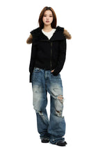 Black zip-up hoodie with white faux fur hood trim and front zipper