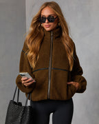 Charcoal contrast-trim shearling jacket, full-zip with stand collar and two pockets