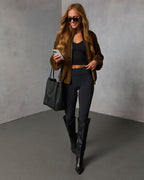 Dark-brown shearling jacket with zip front and contrast trim, long sleeves