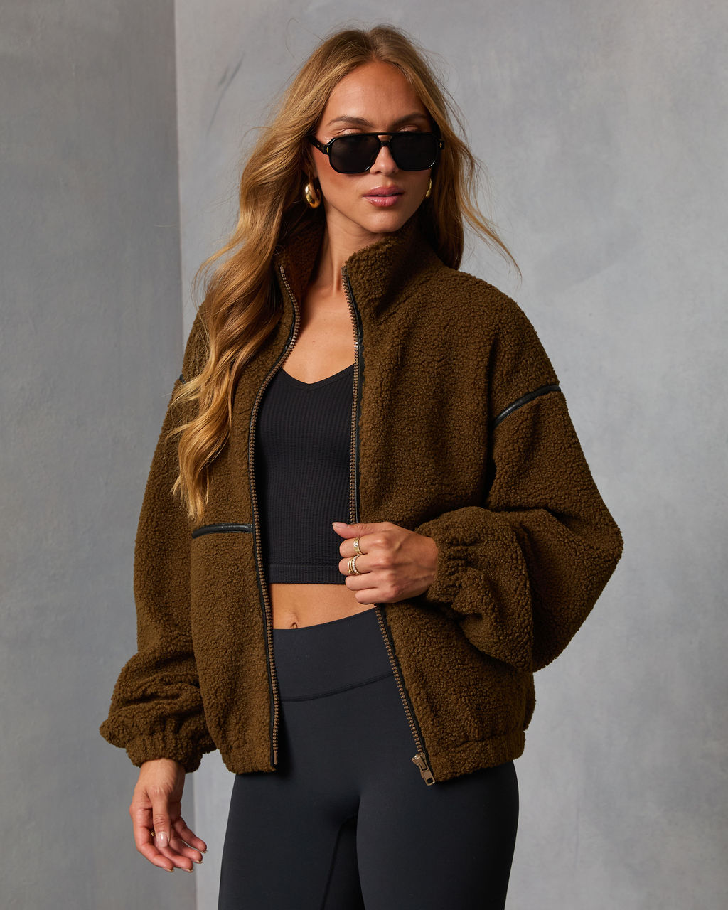 Dark-brown contrast-trim shearling jacket, zip front, long balloon sleeves