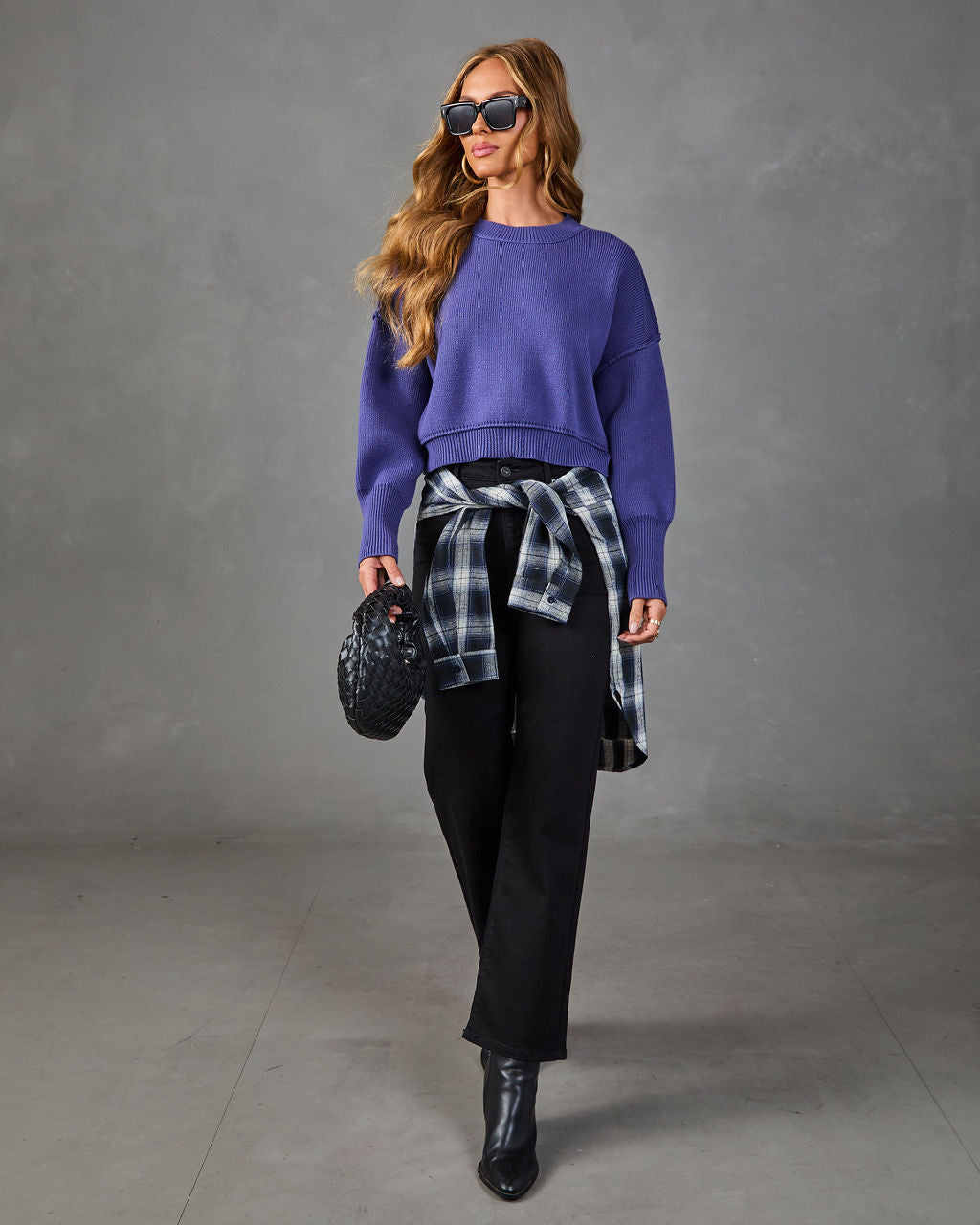 Cropped crewneck sweater in periwinkle knit with ribbed hem and sleeve cuffs