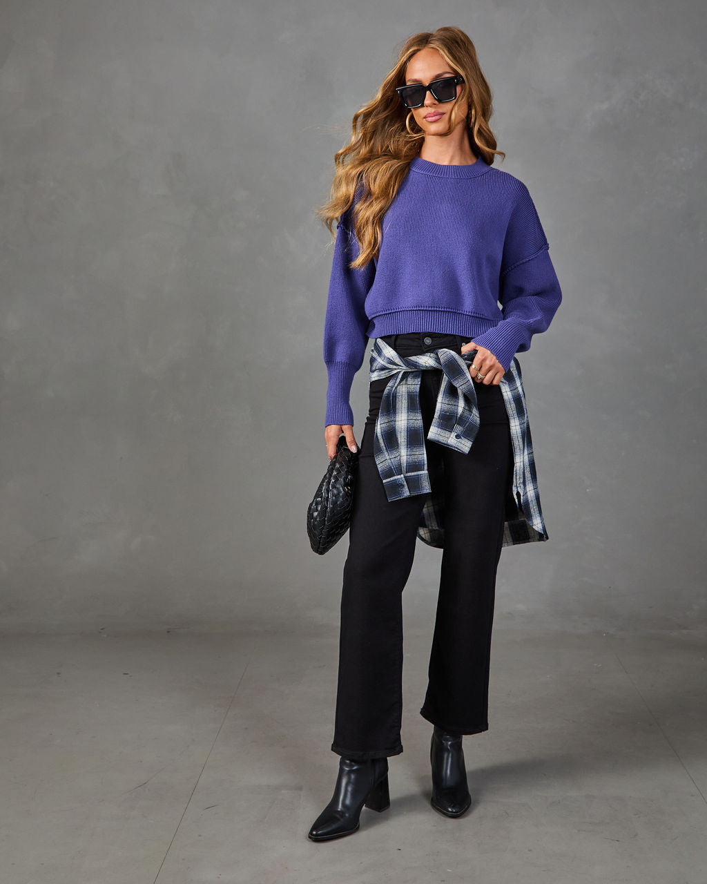 Cropped crewneck sweater in periwinkle knit with ribbed hem and cuffs