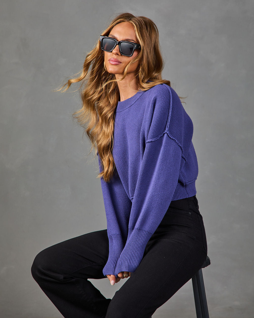 Periwinkle cropped crewneck sweater with ribbed knit texture and long sleeves