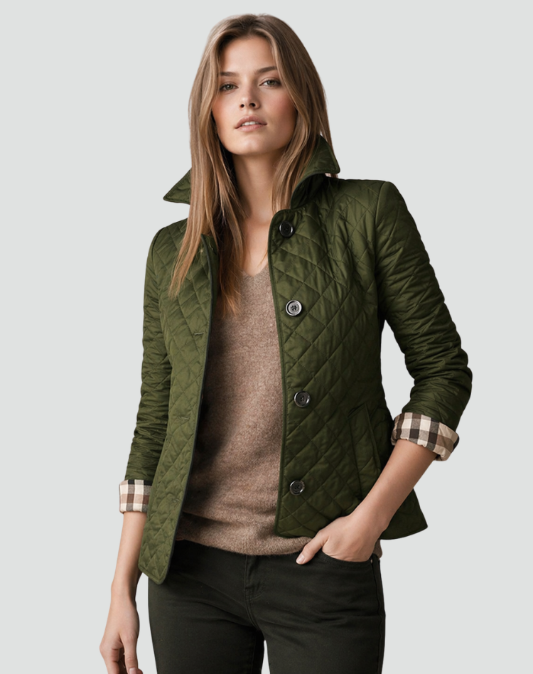 Women's quilted jacket, olive green button-front with stand collar and long sleeves