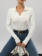 Fitted ribbed knit polo long-sleeve top in white, V-neck and button placket