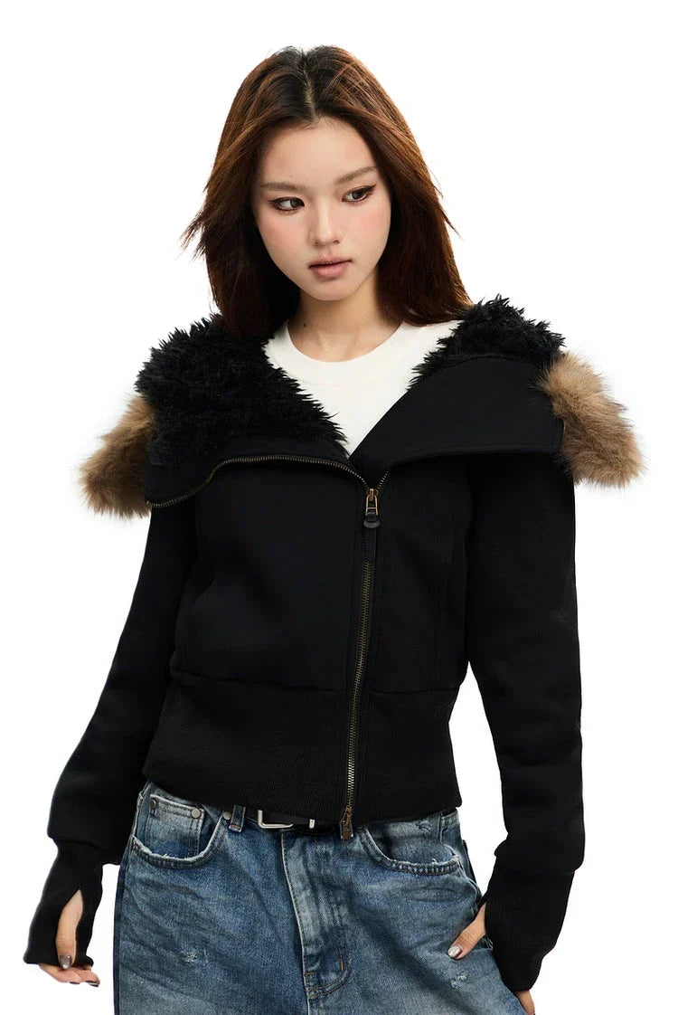 Black zip-up hoodie with black faux fur hood trim and tan accents on sleeves
