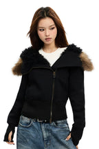 Black zip-up hoodie with black faux fur hood trim and tan accents on sleeves