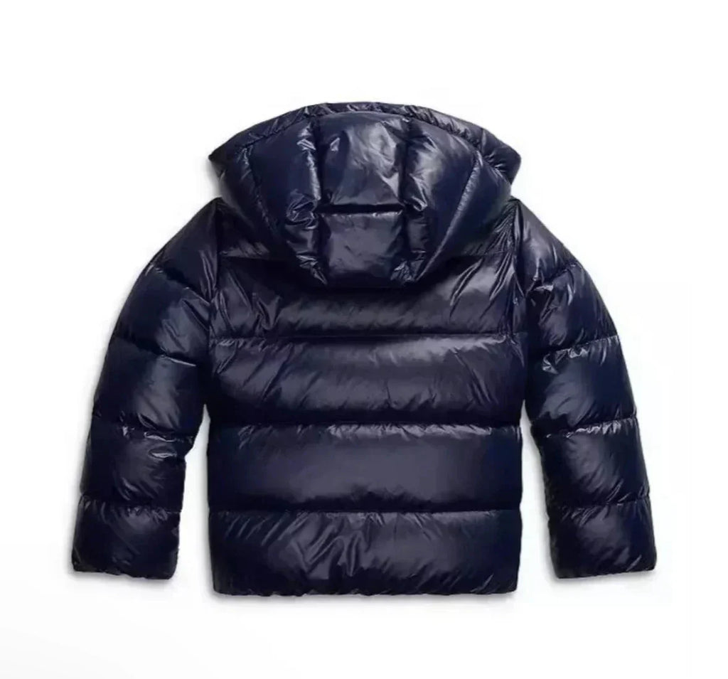 Women's navy hooded puffer jacket, quilted insulation, hooded back, padded shoulders