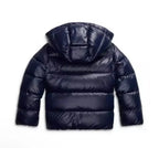 Women's navy hooded puffer jacket, quilted insulation, hooded back, padded shoulders