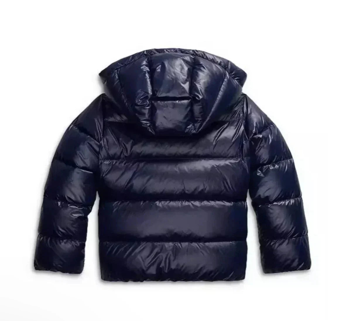 Women's navy hooded puffer jacket, quilted insulation, hooded back, padded shoulders