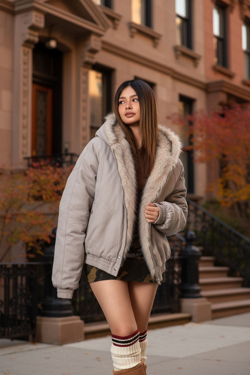Fur-lined oversized bomber jacket, light gray with faux shearling collar