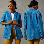 Light blue denim blazer back and front view, notched collar, buttoned front, pockets