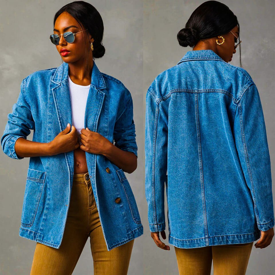 Light blue denim blazer back and front view, notched collar, buttoned front, pockets