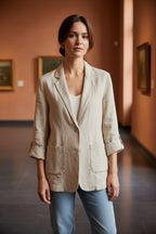 Khaki beige lightweight blazer with notched lapel and button front, rolled sleeves
