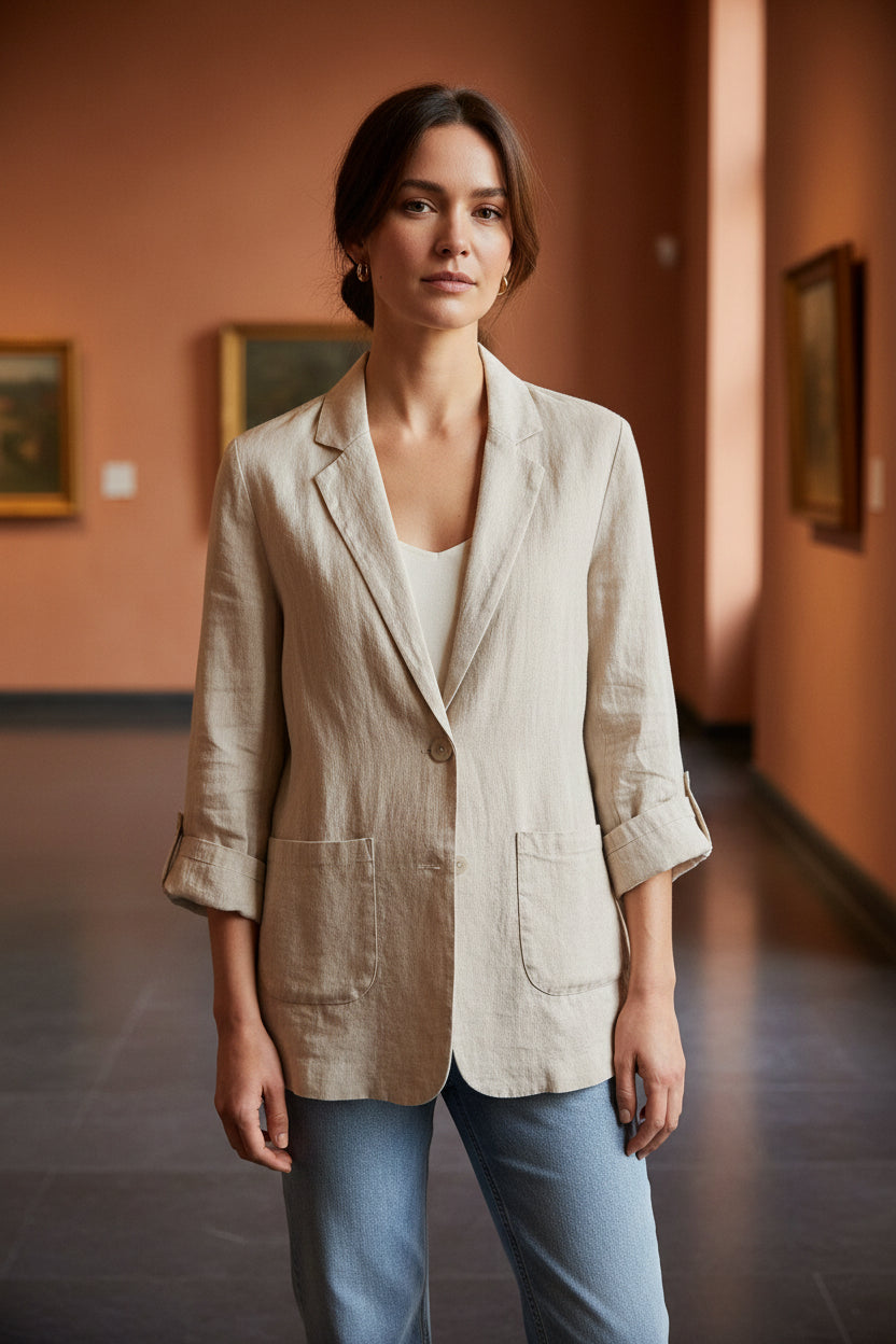 Khaki beige lightweight blazer with notched lapel and button front, rolled sleeves