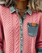 Pink long-sleeve shirt with cable knit texture, denim collar and chest pocket.