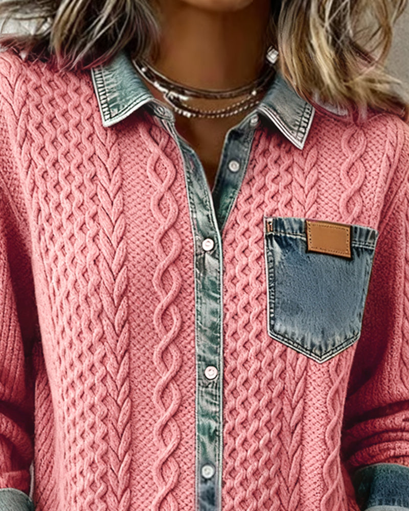Pink long-sleeve shirt with cable knit texture, denim collar and chest pocket.