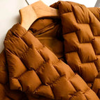 Quilted down coat sleeve and collar in amber orange with diamond stitching