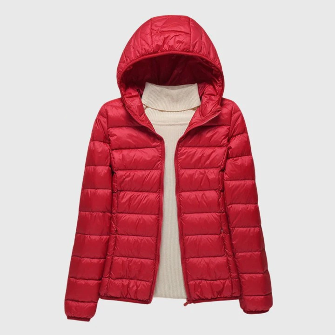 Ultra-light quilted jacket, red, full-zip with hood and ribbed knit collar