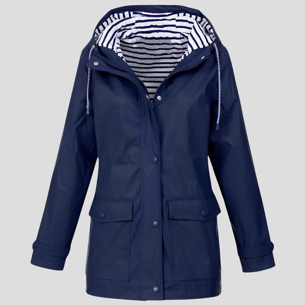 Amalia women’s insulated wind and waterproof jacket, navy with striped hood lining, snap front