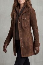 Brown suede longline coat, flap pockets with snap buttons, front zip