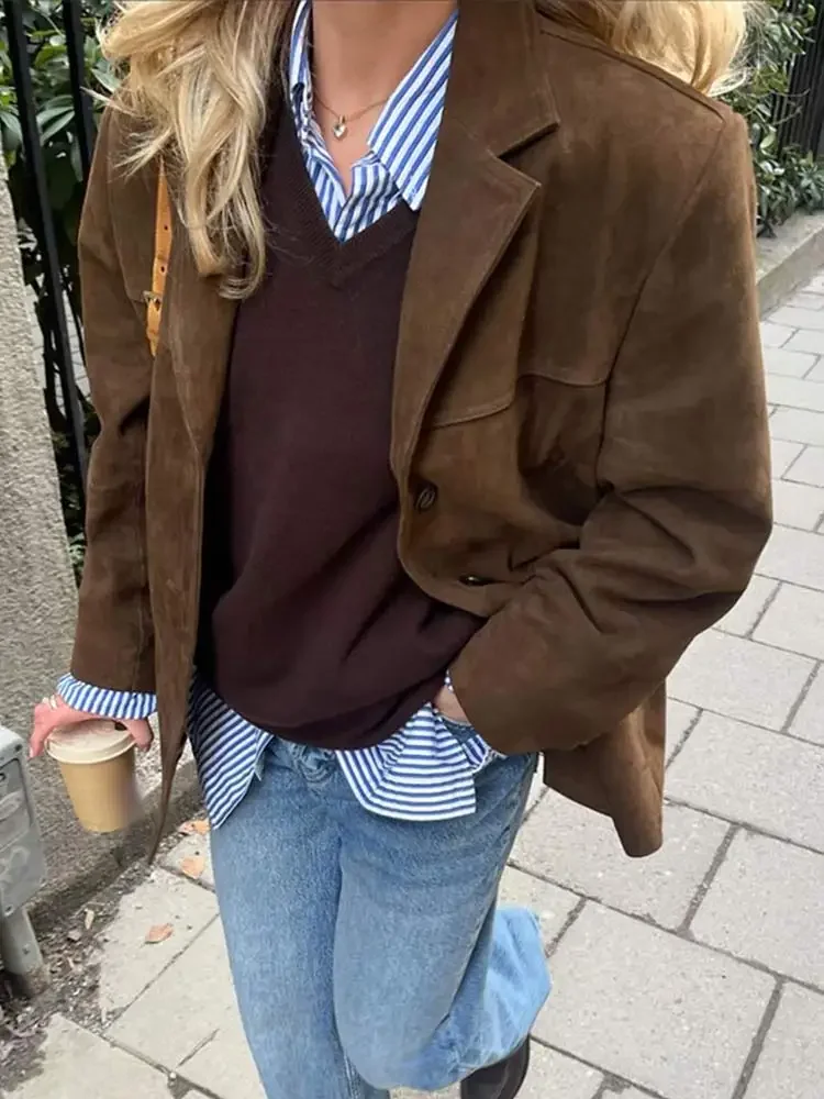 Women's brown suede-look button jacket, side view with button closure and flap pocket