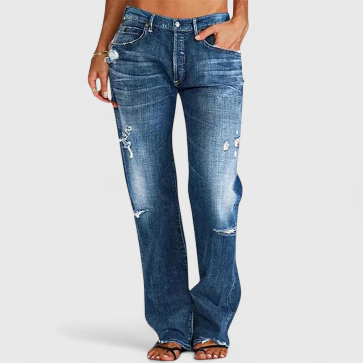 Medium blue distressed jeans, straight-leg cut with five-pocket styling