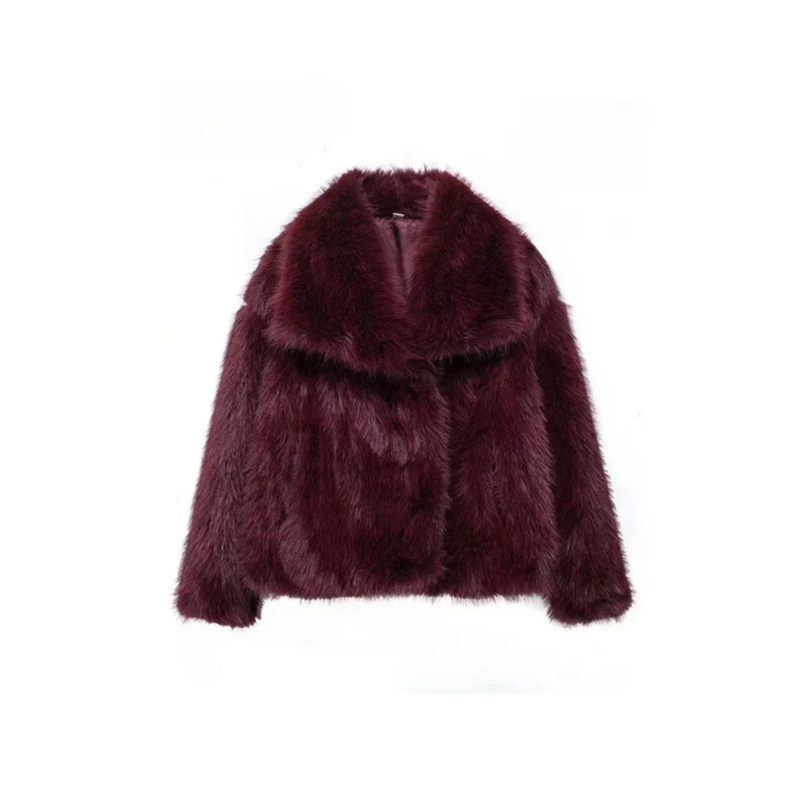Maroon oversized faux fur jacket with shawl collar and button front