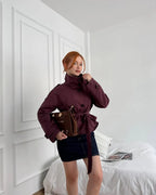 Burgundy cropped trench coat with button front and waist tie