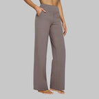 Mocha-brown high-waisted yoga pants with wide straight legs and front seam details