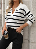Cream and black striped V-neck ribbed knit sweater, long sleeves
