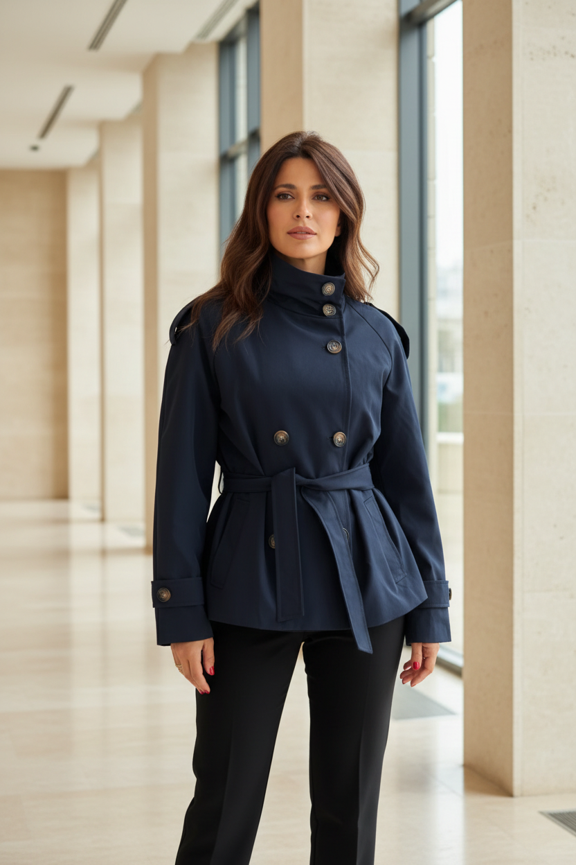 Cropped trench coat in navy with double-breasted buttons and belt tie waist