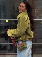 Olrinetta suede-like cropped jacket, olive green with shoulder seams and elastic hemline