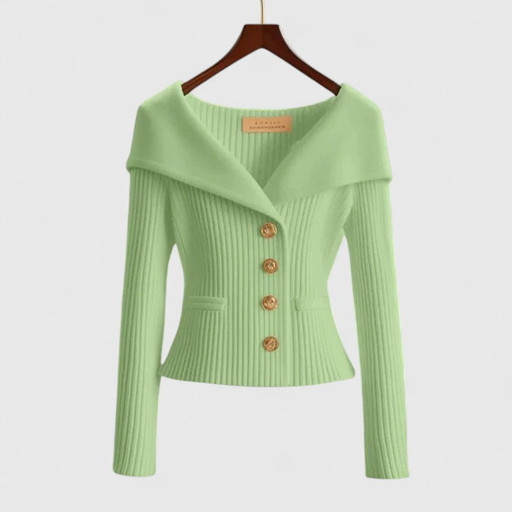 Light green ribbed cardigan with V-neck, long sleeves, and button front