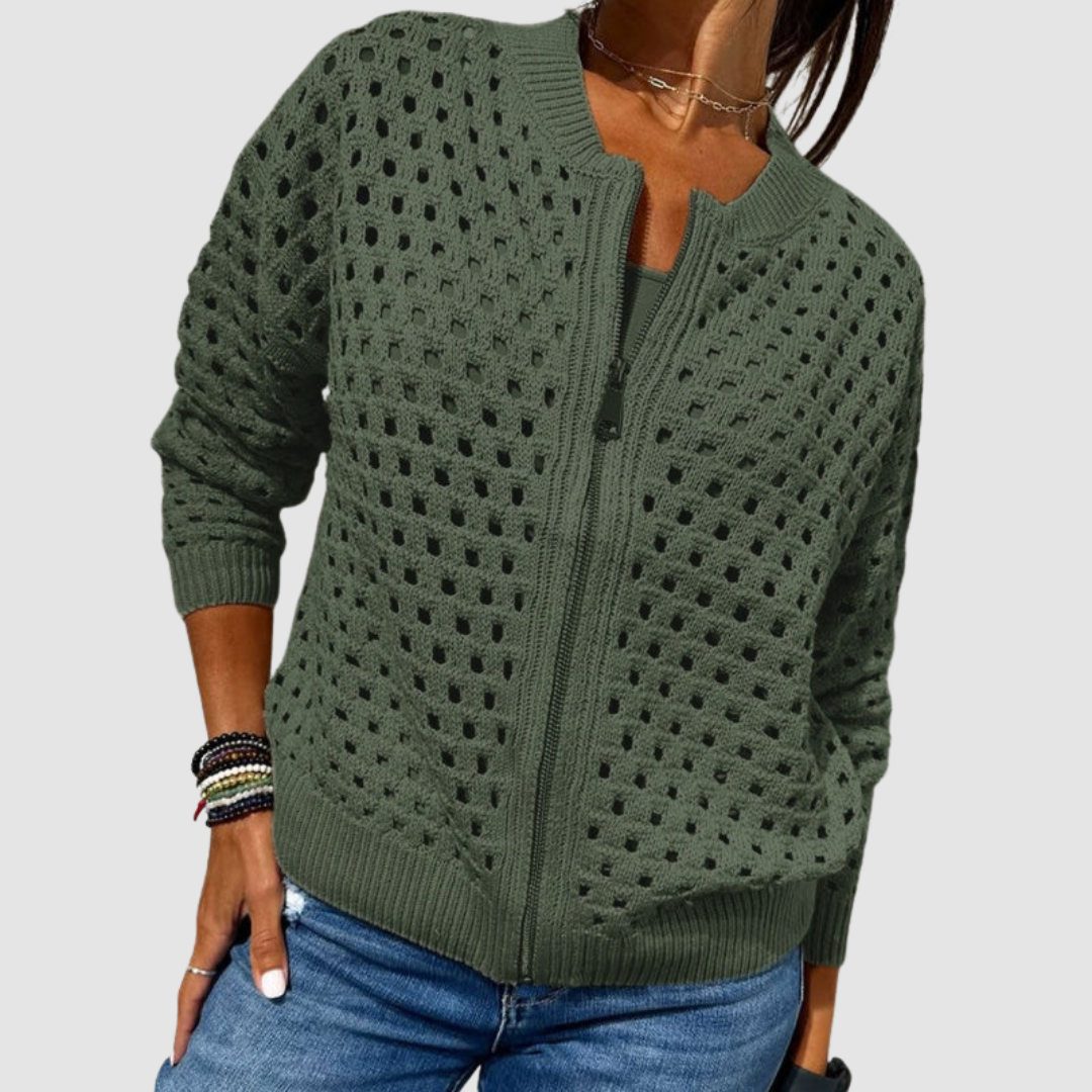 Green knitted cardigan with full zip, openwork dot pattern, ribbed cuffs and hem.