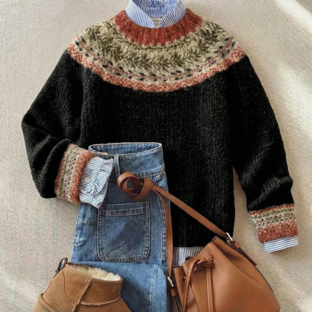 Folded black knit sweater with multicolor fair isle yoke and ribbed knit trim.