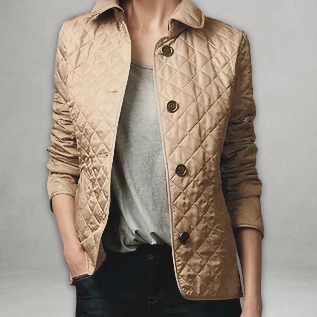 Beige quilted spring jacket with button front and stand collar, long sleeves