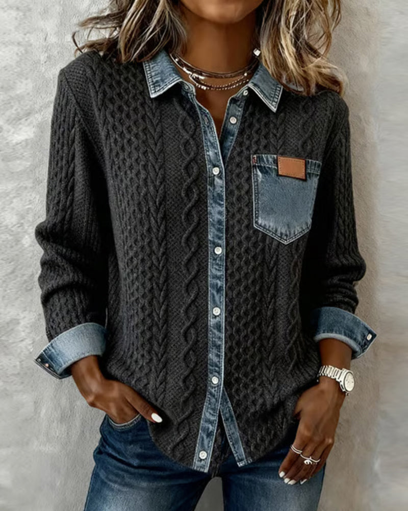 Dark gray long-sleeve shirt with denim collar, button placket, and chest pocket.