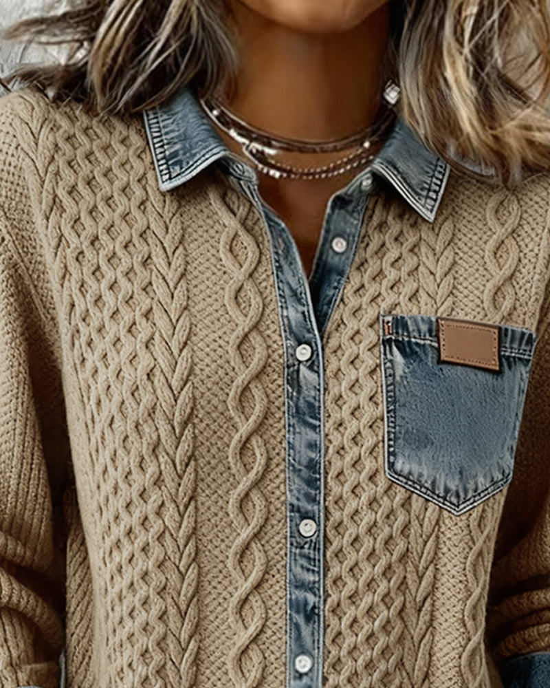 Beige long-sleeve shirt with denim collar trim and chest pocket with brown patch.