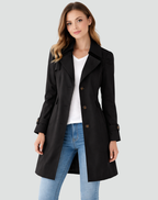 Black women's slim-fit lightweight trench coat with classic lapel collar and button front