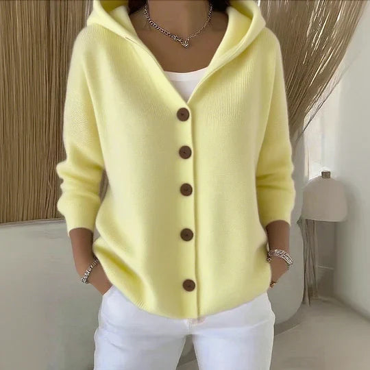 Soft hooded knit cardigan in pale yellow with button front and ribbed cuffs