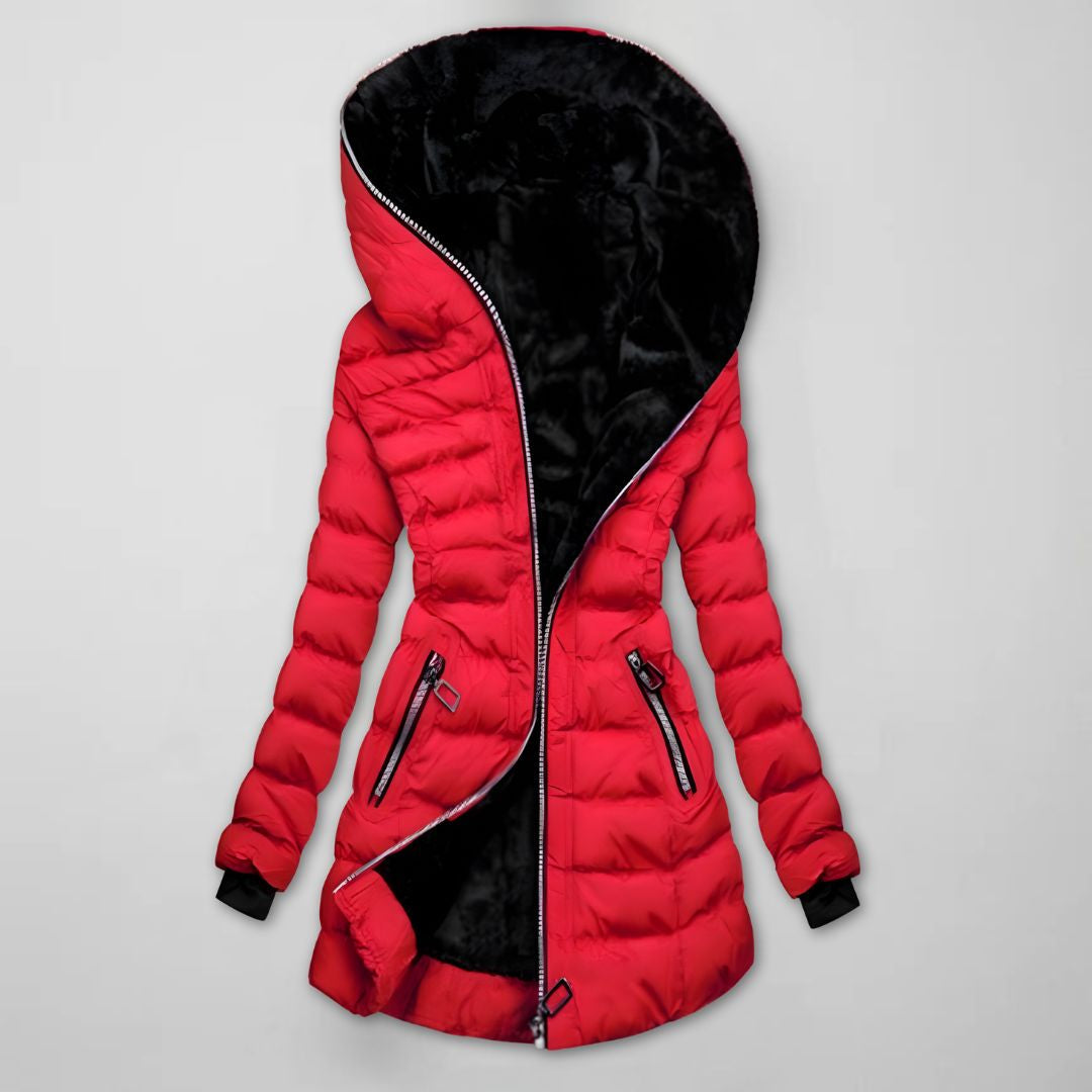 Women's long quilted hooded puffer jacket, red with black faux-fur hood
