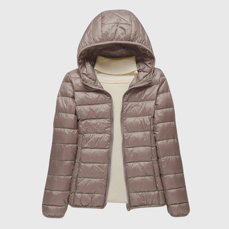 Ultra-light quilted jacket, khaki, full-zip with hood and quilted puffer panels