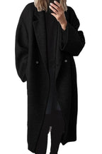 Women’s black long wool double-breasted coat with notch lapels and long button front