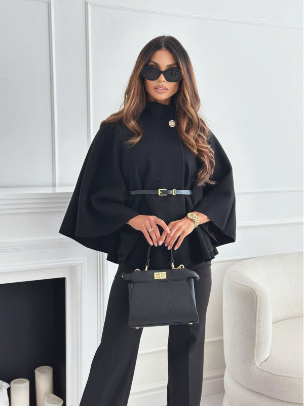 Black sleeve cape coat with button front and waist belt, peplum-style draped hem