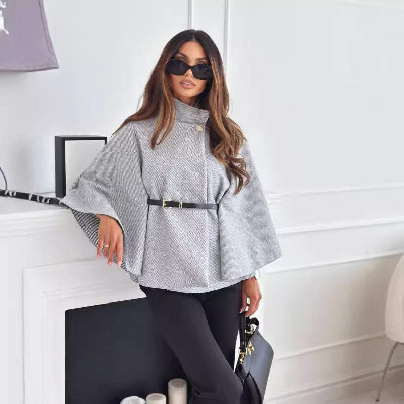 Grey sleeve cape coat with button front and waist belt, wide draped sleeves