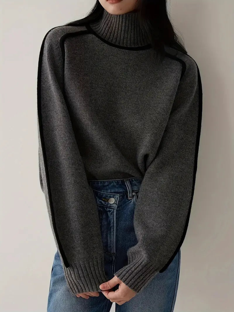 Dark gray turtleneck knit sweater with ribbed cuffs and hem