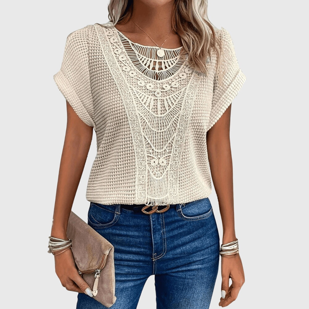 Beige crochet blouse with embroidered yoke and short flutter sleeves